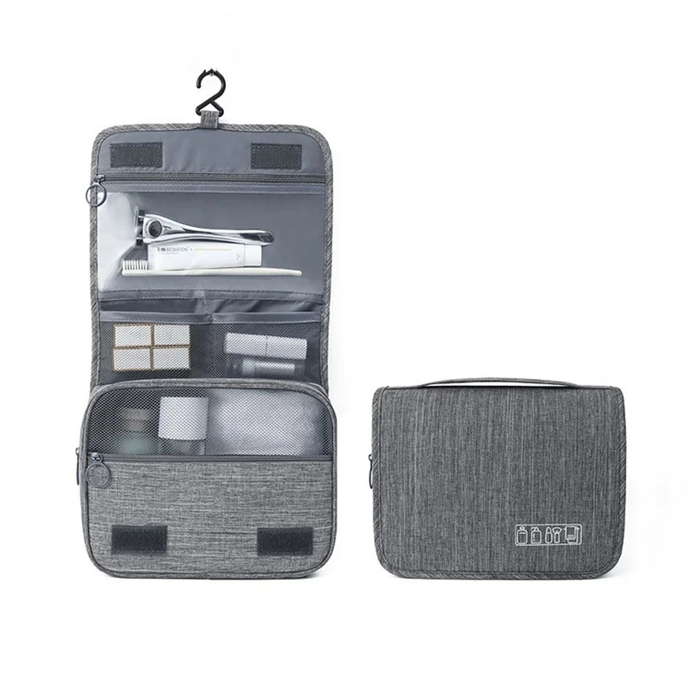 Hanging travel toiletry bag for men & women, organizing makeup, skincare & wash essentials on a trip.