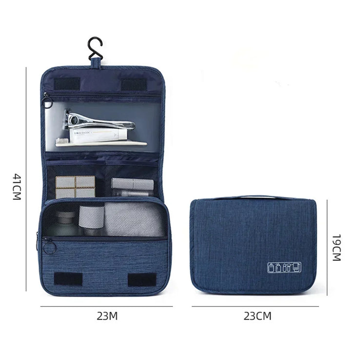 Spacious unisex wash bag & makeup organizer with multiple pockets for travel-sized personal care items.