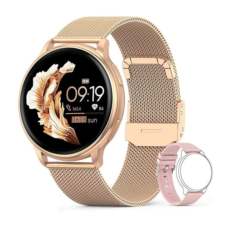 Elegant women's smartwatch with health tracking & call functions. A sophisticated wearable tech accessory for her.