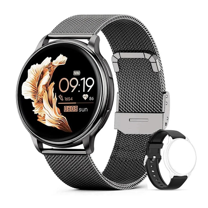 Women's smart watch featuring heart rate monitor, fitness tracker & Bluetooth calls. Stylish health tracking.