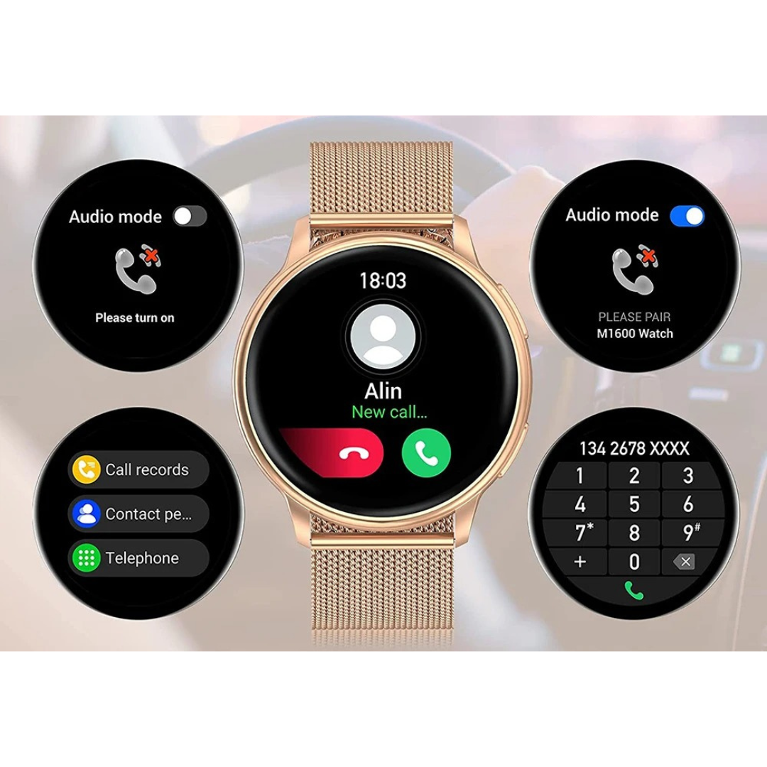 Wearable tech women's smartwatch, a stylish accessory with health, fitness & integrated call functionality.