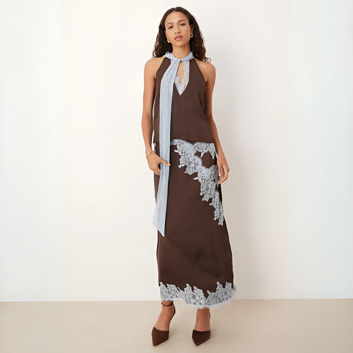 Women's elegant brown lace panel top and matching skirt two-piece set for a sophisticated look.