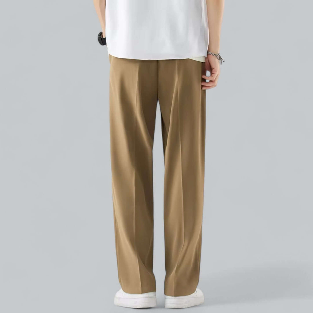 Modern men's straight leg tailored pants, available in black, white, khaki, or grey for sharp style.