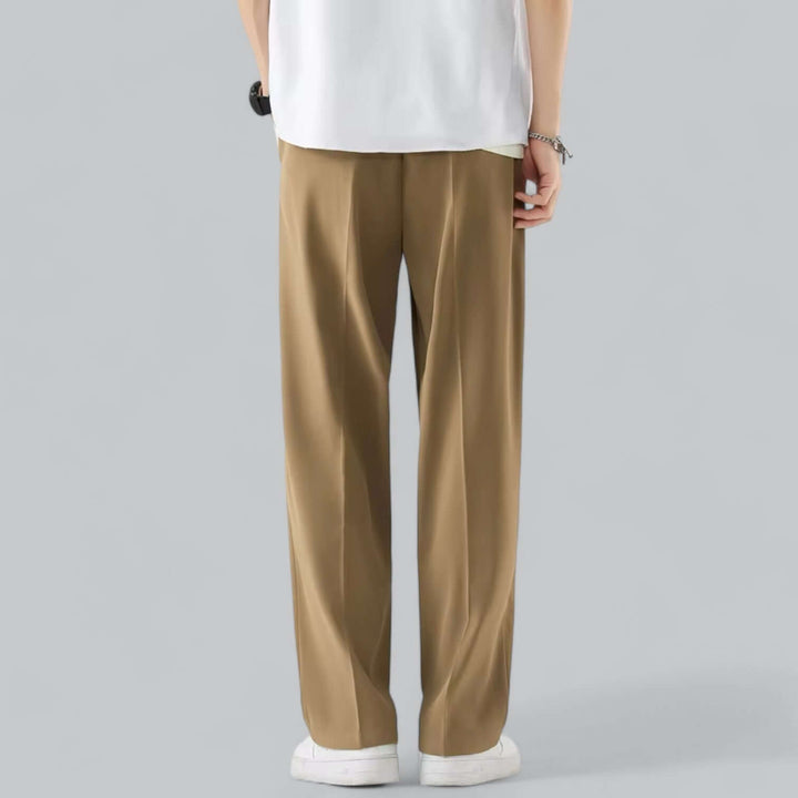 Modern men's straight leg tailored pants, available in black, white, khaki, or grey for sharp style.