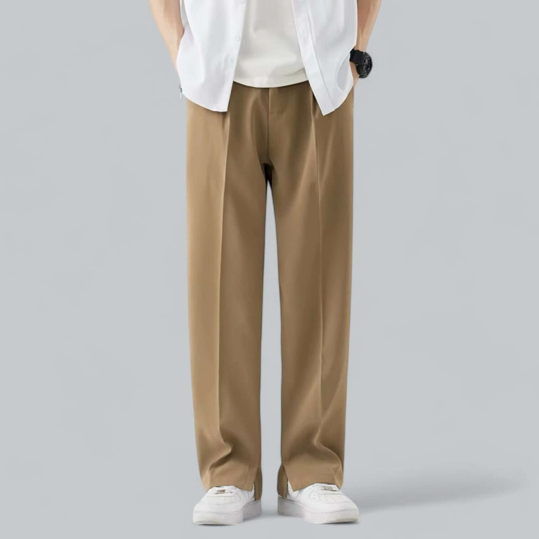 Crisp white straight leg men's trousers, offering a smart casual look for stylish summer outfits.