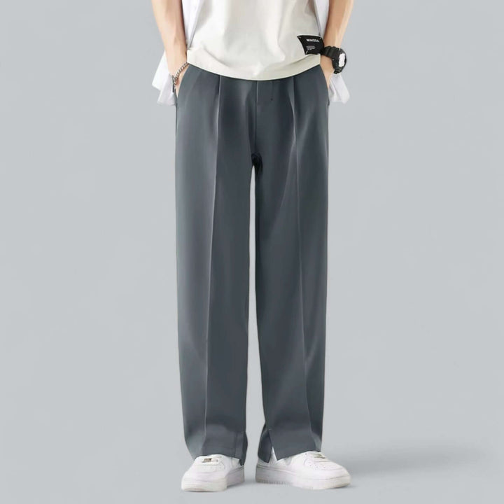 Khaki straight leg tailored trousers for men, perfect for smart casual office wear or weekend style.