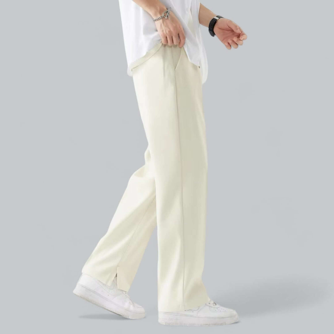 Classic black straight leg men's bottoms, offering a sharp, tailored fit for sophisticated ensembles.