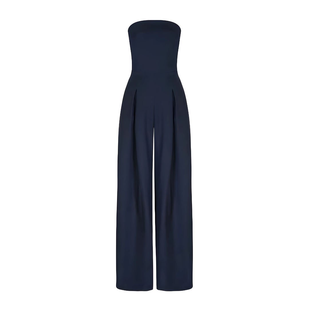 Beige elegant strapless wide leg jumpsuit, comfortable formal wear for women.