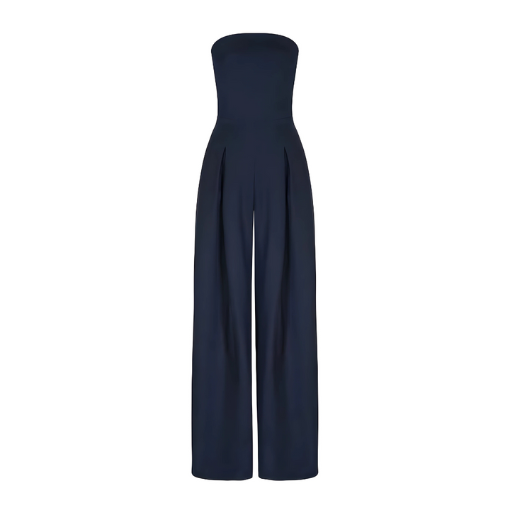 Beige elegant strapless wide leg jumpsuit, comfortable formal wear for women.