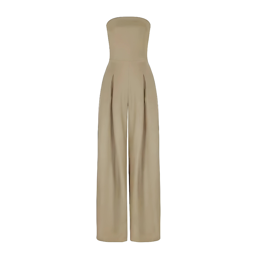 Dark blue strapless wide leg jumpsuit for women, elegant, sleeveless, and chic formal wear.