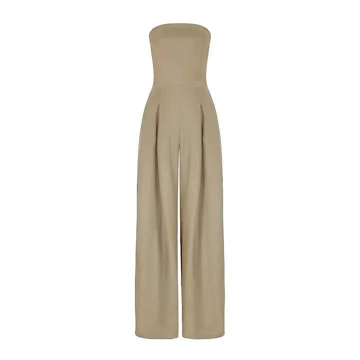 Dark blue strapless wide leg jumpsuit for women, elegant, sleeveless, and chic formal wear.