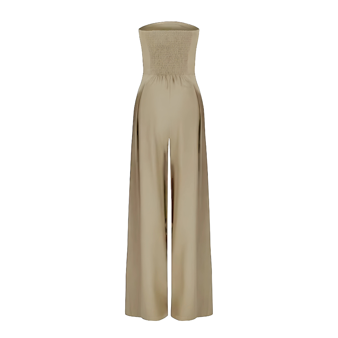 Black elegant strapless wide leg women's jumpsuit, featuring a comfortable wide leg and chic silhouette.
