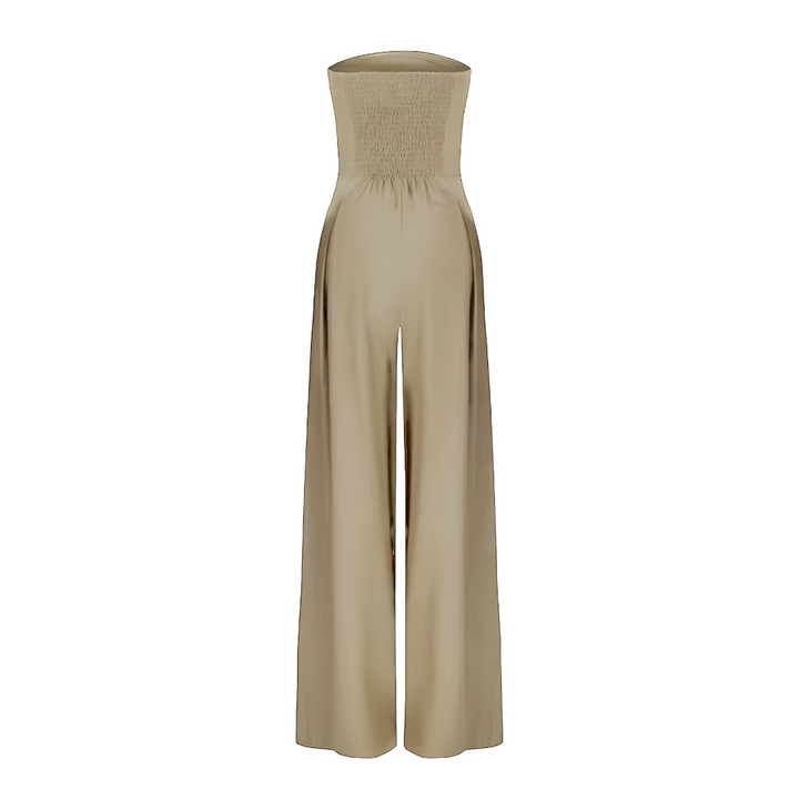 Black elegant strapless wide leg women's jumpsuit, featuring a comfortable wide leg and chic silhouette.