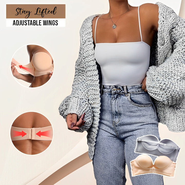 Women's versatile strapless bra: elegant push-up design for seamless comfort under any attire.