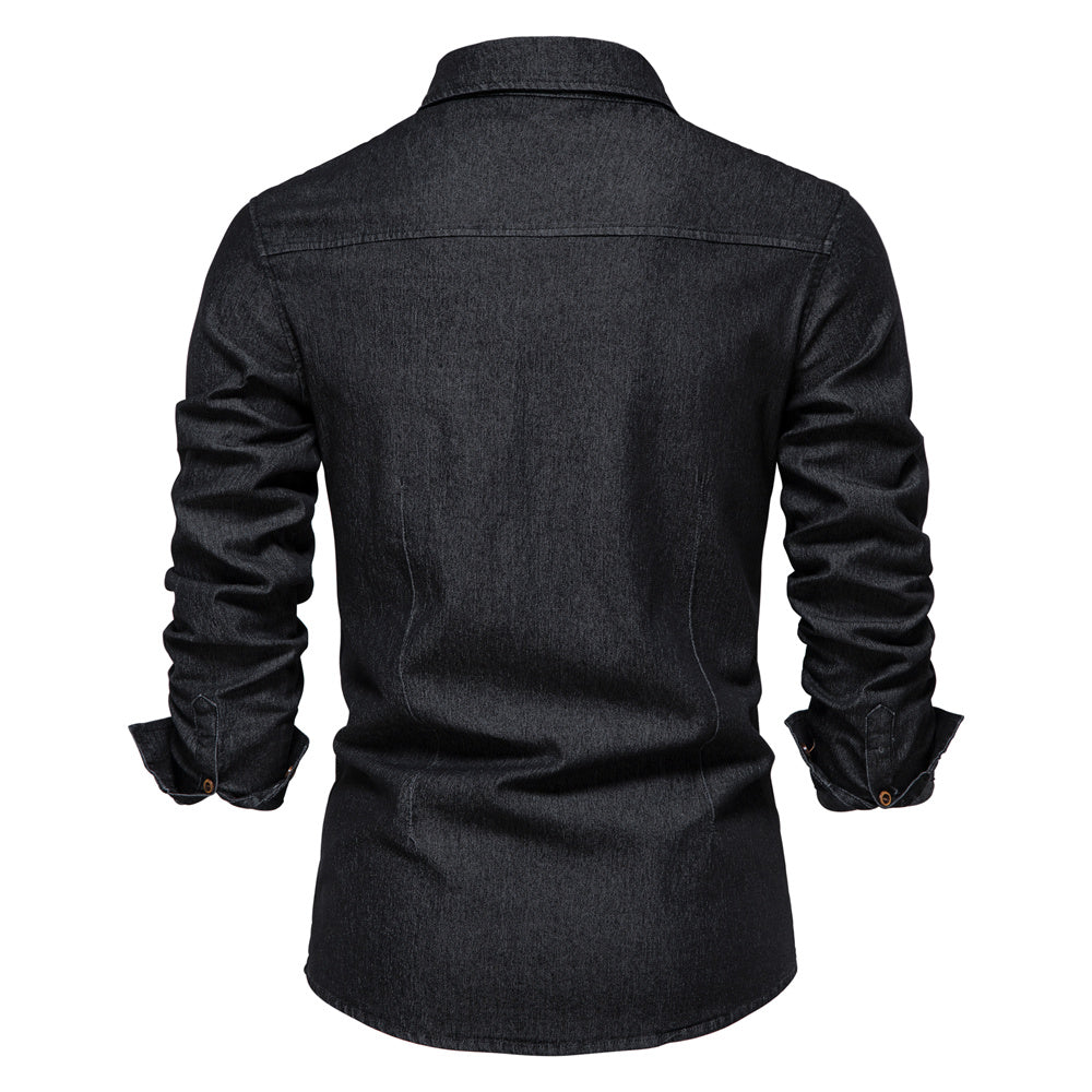 Versatile men's Logan slim fit denim shirt. Long sleeve button-down, ideal for stylish menswear.