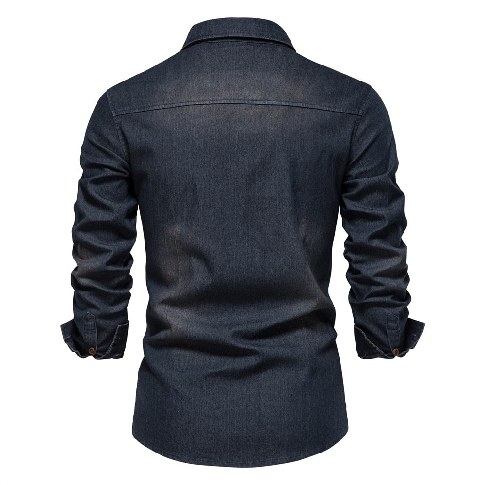 High-quality men's Logan stretch denim shirt. Casual long sleeve button-down, a modern menswear essential.