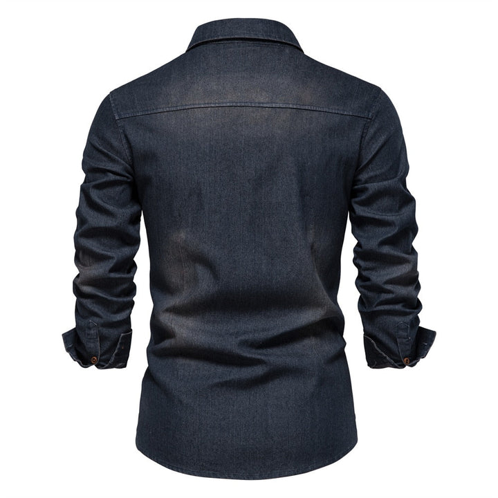 High-quality men's Logan stretch denim shirt. Casual long sleeve button-down, a modern menswear essential.