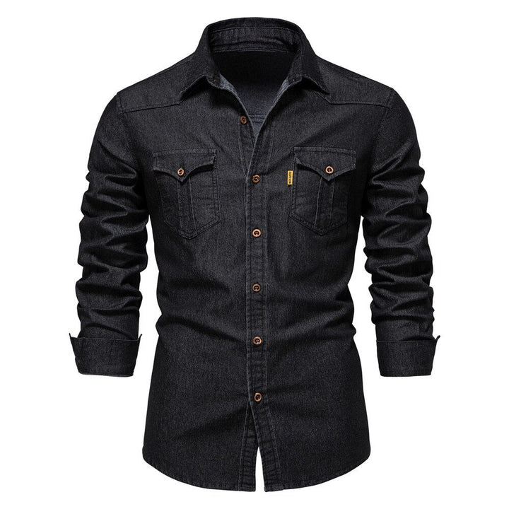 Men's Logan slim fit stretch cotton denim shirt. Long sleeve button-down for casual style.