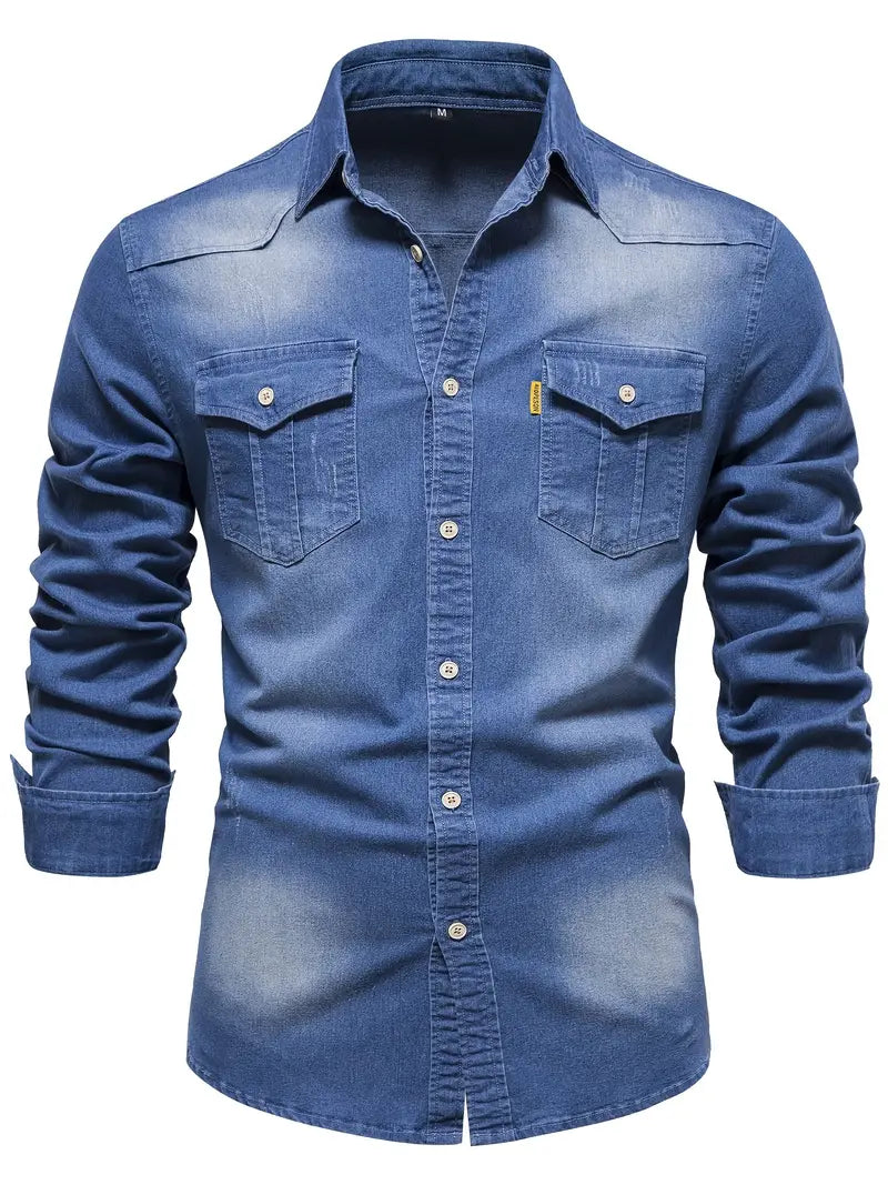 Stylish men's Logan denim shirt. Versatile long sleeve casual button-down for menswear.