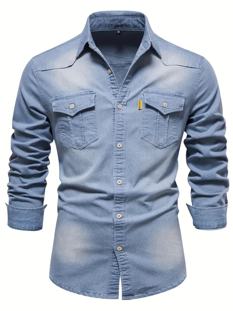 Classic men's stretch cotton denim shirt, Logan style. Slim fit long sleeve for men's fashion.