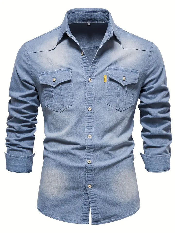 Classic men's stretch cotton denim shirt, Logan style. Slim fit long sleeve for men's fashion.