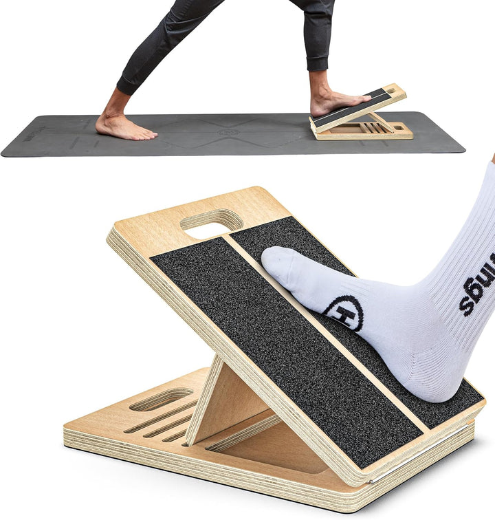 Person using a durable calf stretcher & mobility board to improve calf flexibility, ideal for athletes & therapy.