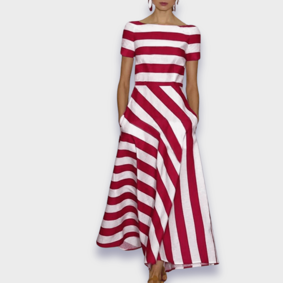 Elegant women's red striped A-line midi dress with pockets, perfect for spring or summer casual & versatile wear.