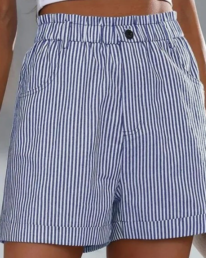 Chic women's high waist striped shorts with stylish button detail, versatile for everyday fashion.
