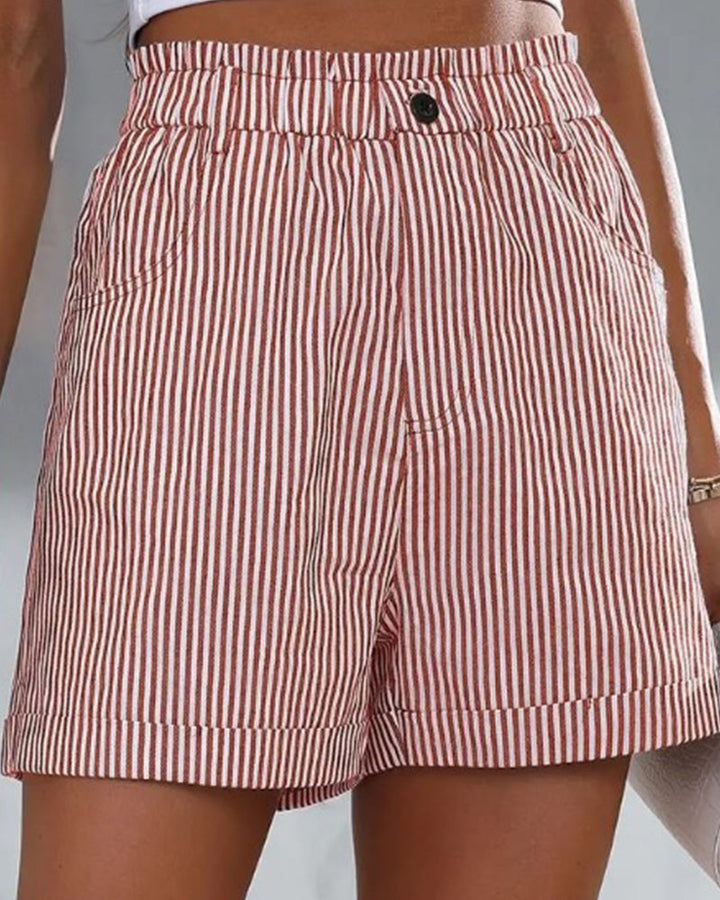 Flattering high waist striped shorts for women, ideal for casual summer fashion & versatile styling.