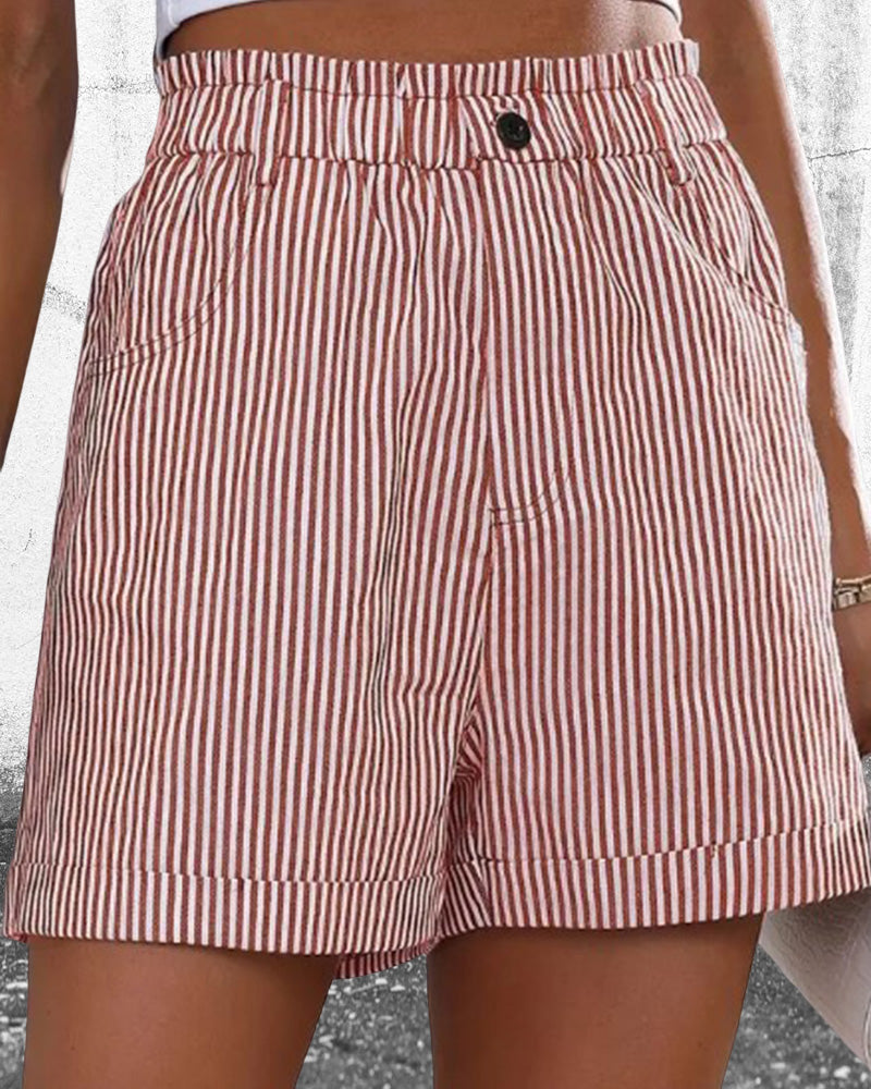 Stylish women's striped high waist shorts, featuring chic button detail for versatile summer fashion.
