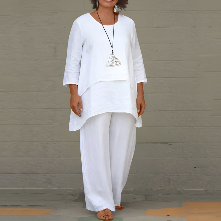 Versatile women's two-piece co-ord set. Stylish matching outfit for casual wear, comfort, and elegant spring fashion.