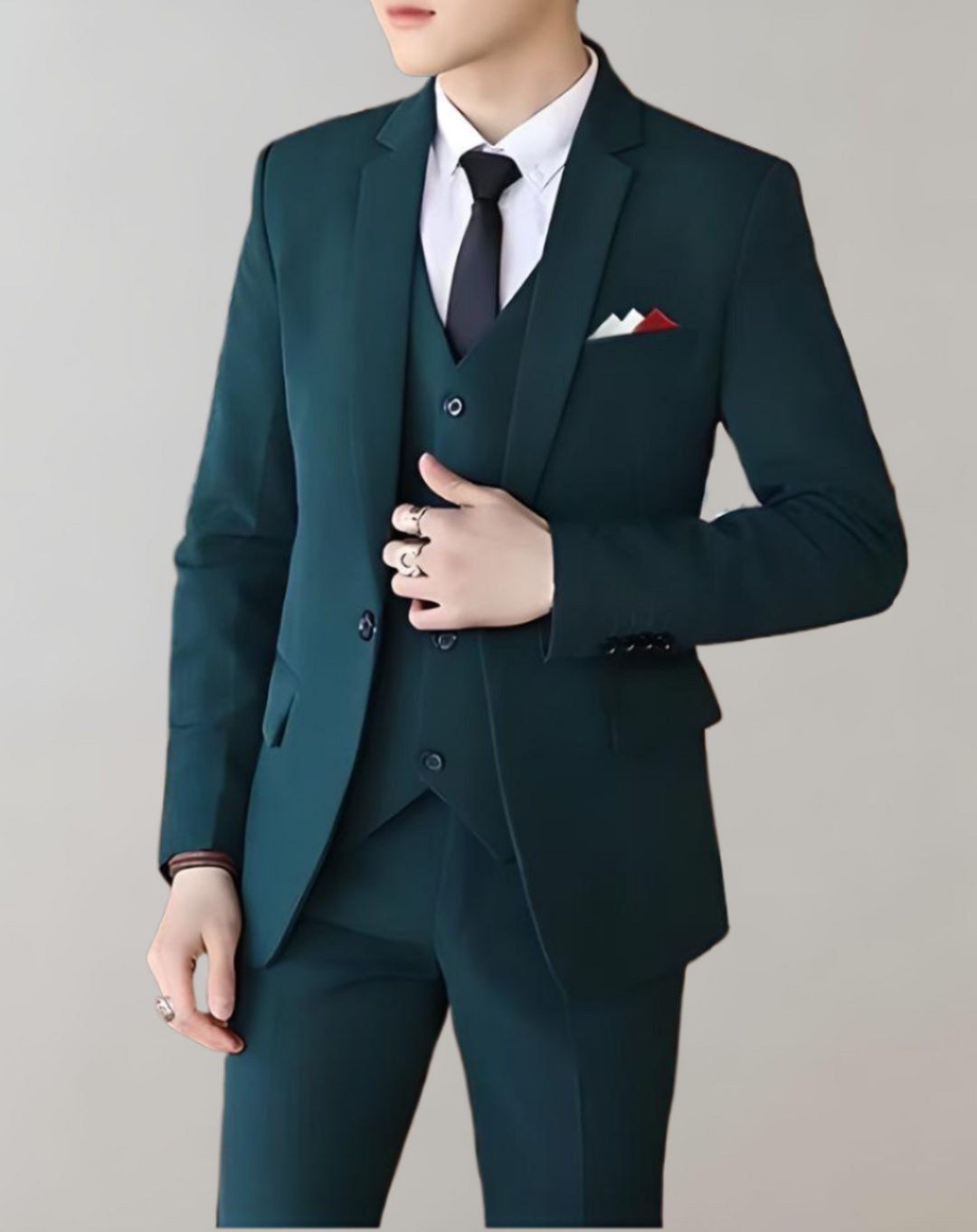 Close-up of a stylish men's waistcoat suit, showcasing the fabric and tailored fit for a sharp formal look.