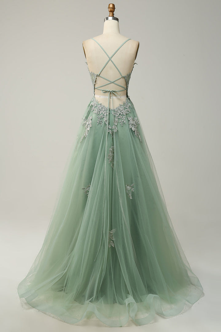 Feminine A-line evening gown, women's special occasion dress with intricate appliqué details.