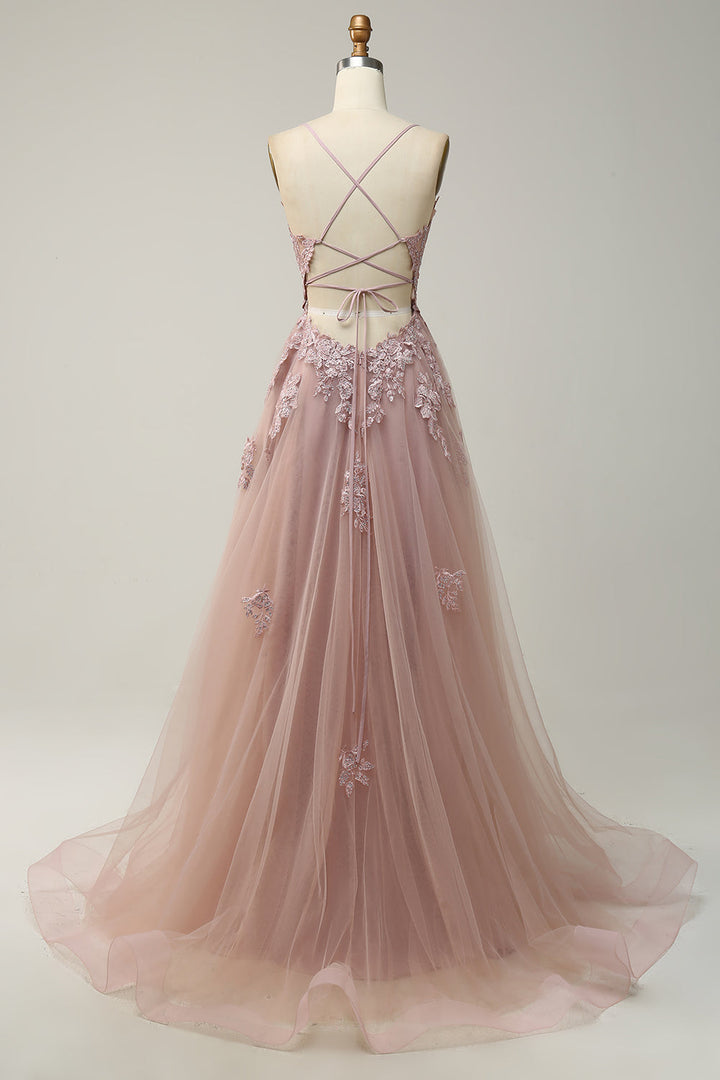 Women's A-line spaghetti strap evening gown, elegant appliqués, ideal for formal parties.