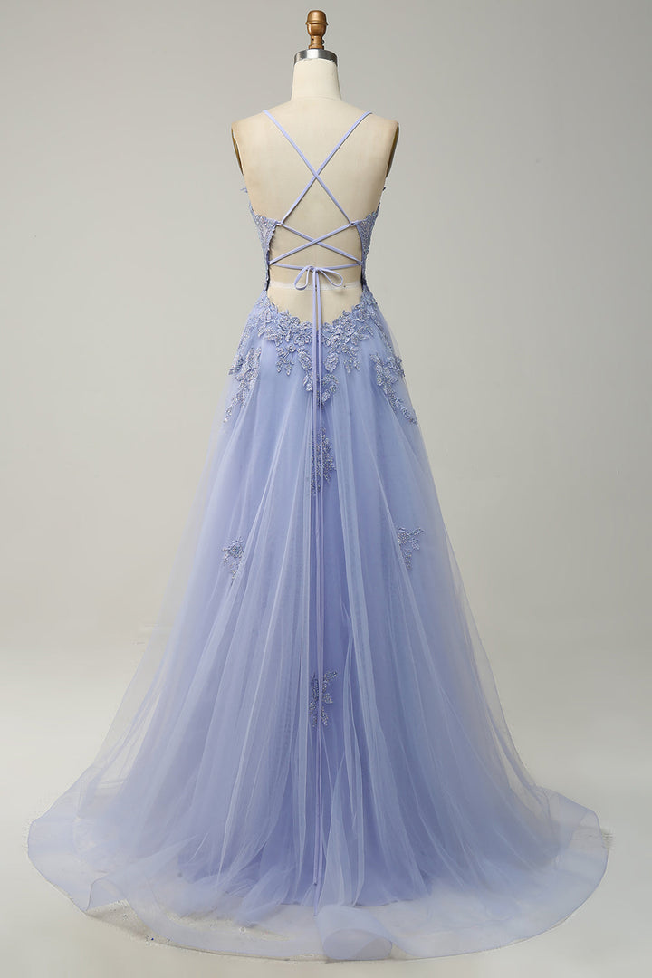 Elegant A-line women's evening gown, perfect for special occasions, with beautiful appliqués.