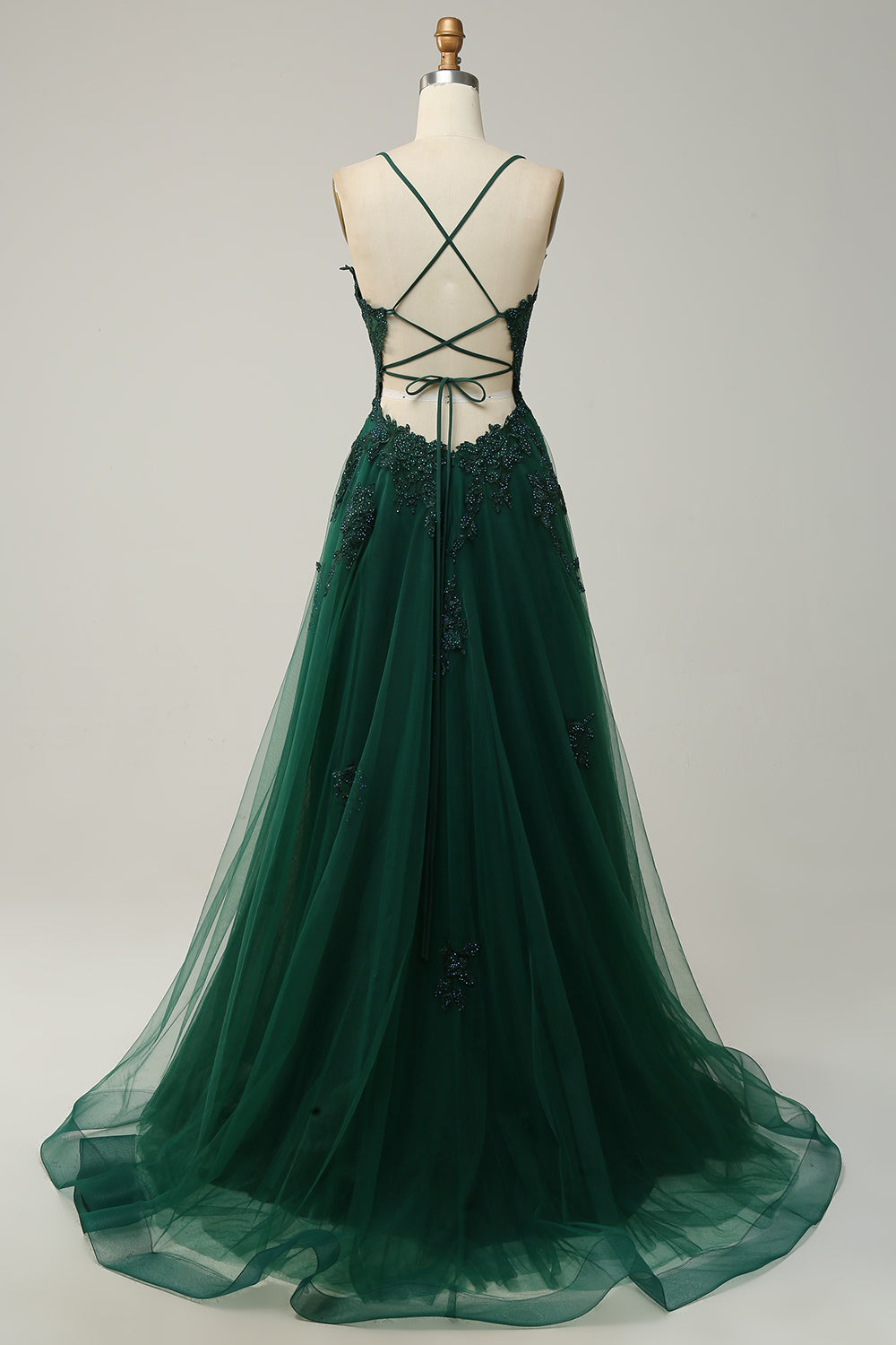 Sophisticated A-line prom gown for women, featuring elegant appliqués & a graceful silhouette.