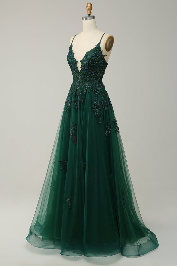 Women's A-line evening dress, formal and elegant, with delicate appliqués perfect for galas.