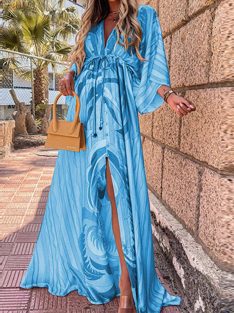 Flowy printed beach dress for women, offering comfortable style for summer, vacation, and warm weather.