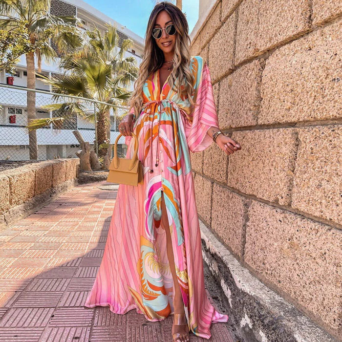 Women's stylish print beach dress, perfect for summer fashion, vacations, and resort wear.