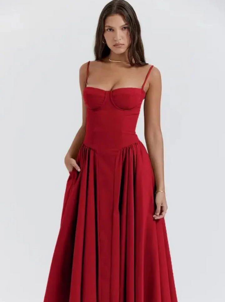 Comfortable & versatile women's V-neck midi dress, great for casual wear or an elegant summer vacation outfit.