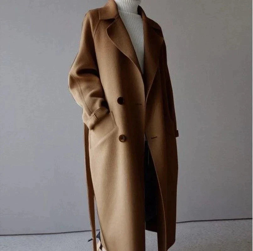 Stylish women's long trench coat, a versatile fall & winter outerwear piece for work or casual wear.