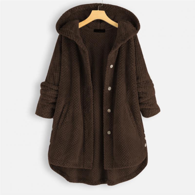 Stylish women's hooded jacket, FleeceLux, essential fall & winter apparel, cozy and chic outerwear.