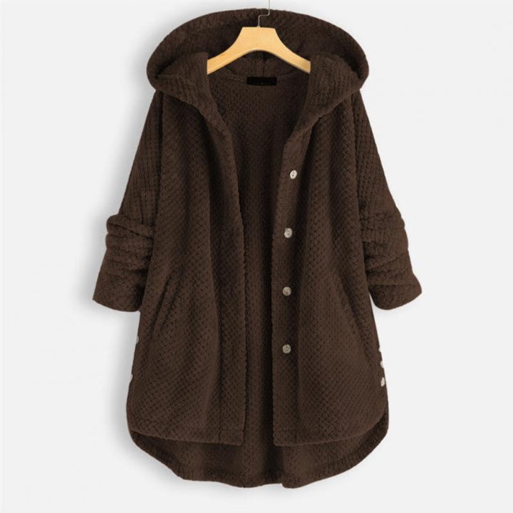Stylish women's hooded jacket, FleeceLux, essential fall & winter apparel, cozy and chic outerwear.