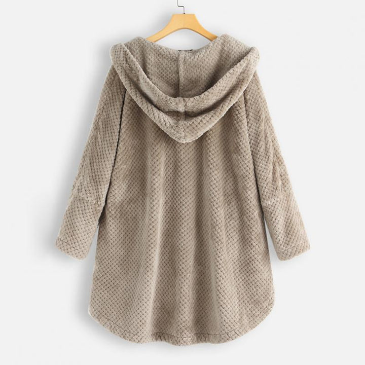 Soft FleeceLux women's hooded jacket, cozy fleece material, perfect outerwear for crisp fall weather.