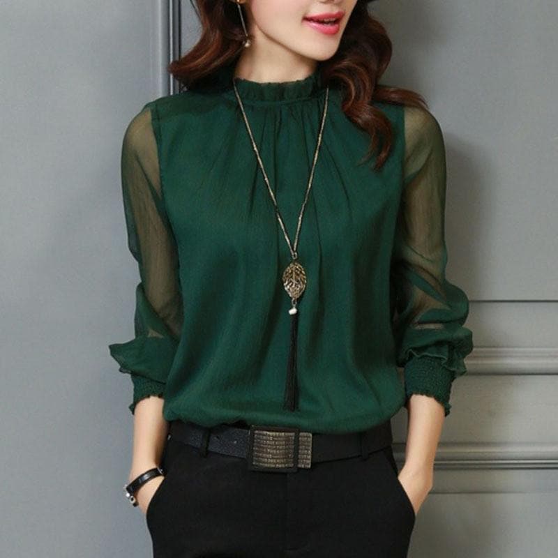 Chic office blouse for women with elegant ruffles and fashionable sheer puff sleeves for a professional look.