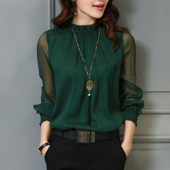 Chic office blouse for women with elegant ruffles and fashionable sheer puff sleeves for a professional look.