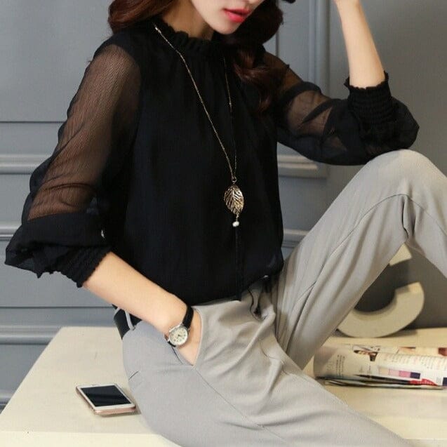 Elegant women's ruffled chiffon blouse with sheer puff sleeves, perfect for office or chic casual wear.