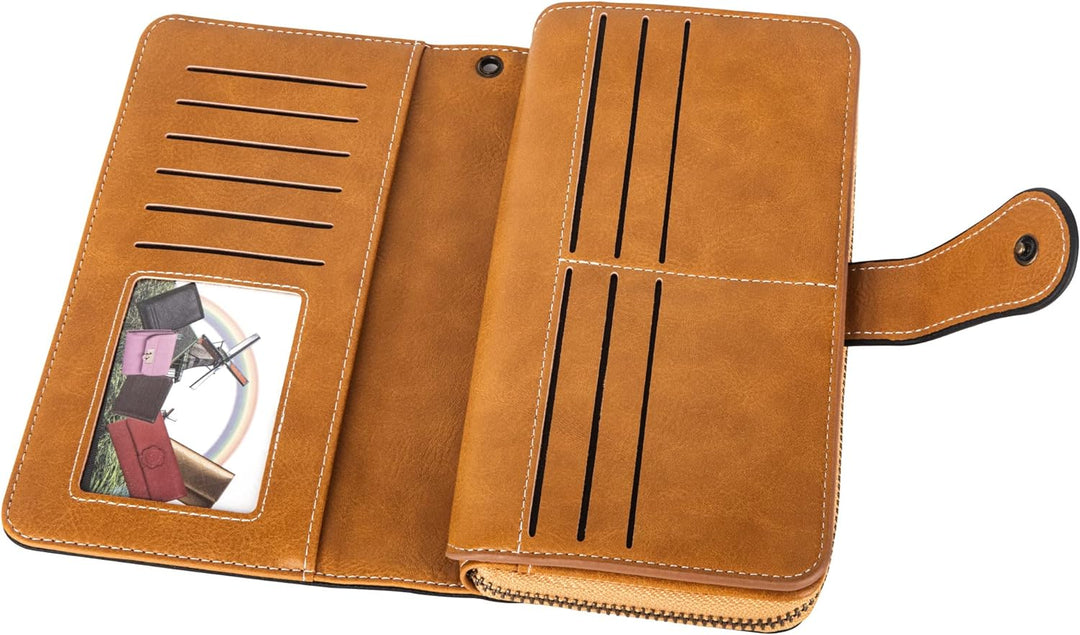 Women's wristlet wallet, PU leather, large capacity, RFID blocking card holder.