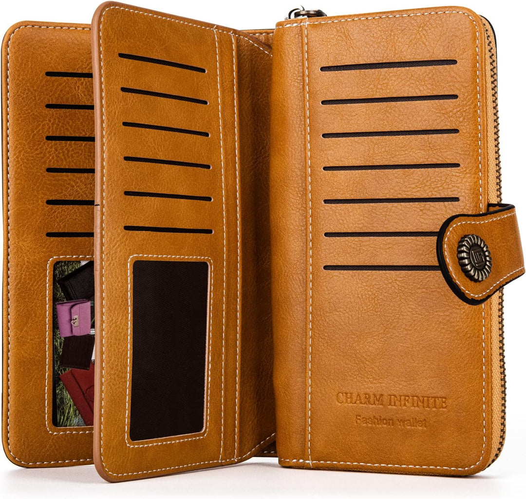 Stylish women's large capacity leather wristlet wallet with RFID protection for ultimate security.