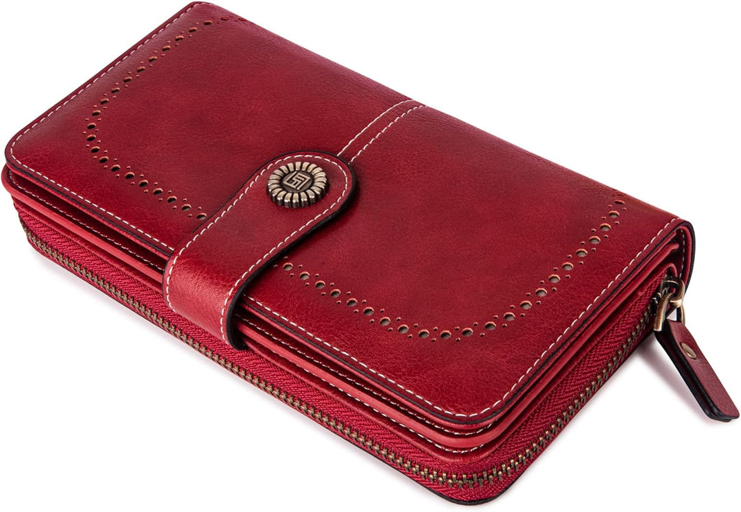 Organized women's PU leather wristlet wallet, large capacity for cards, cash & phone, RFID protected.